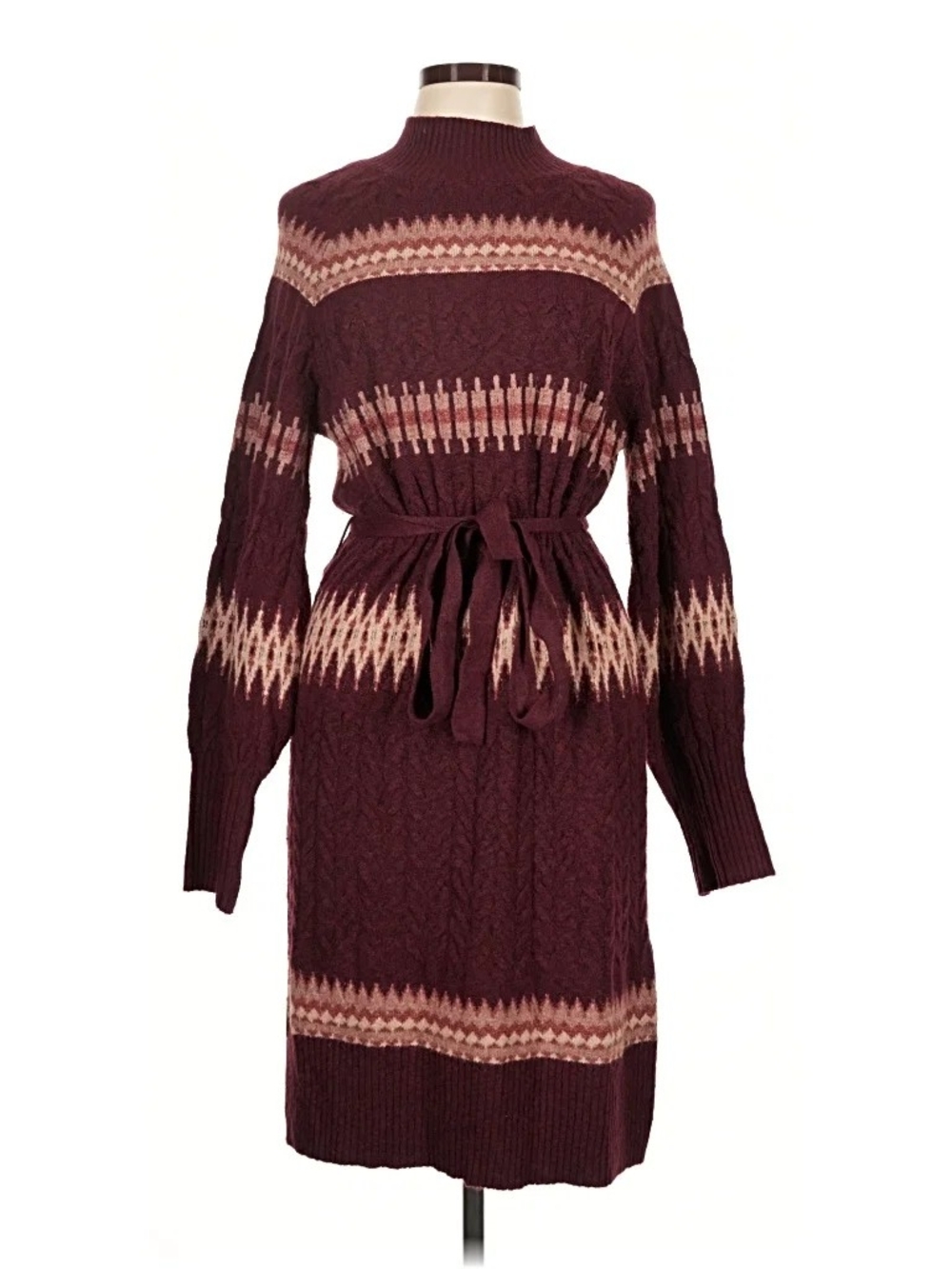 Lucky Brand Burgundy Knit Belted Sweater Dress with Blush Accents